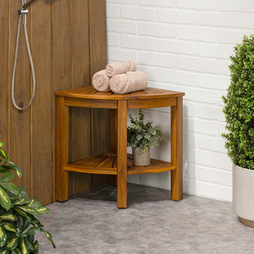 Maris 18" Classic Coastal Solid Acacia Wood Indoor/Outdoor Corner Shower Bench with Shelf